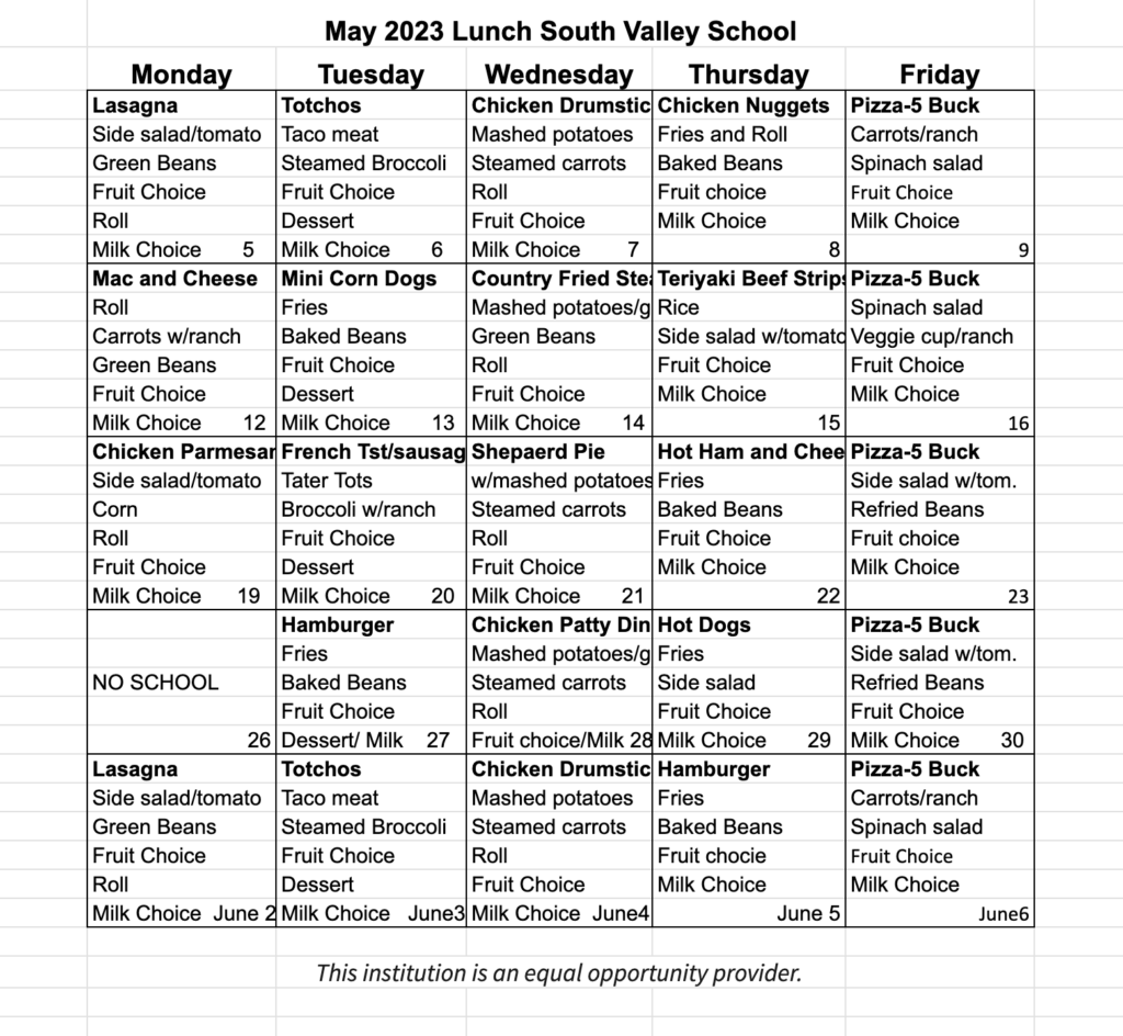 Lunch Menu May 25